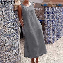 Load image into Gallery viewer, VONDA Women Sleeveless Cotton Dress Casual Holiday Long Dresses Party Dress Tank Tops Sundress Bohemian Vestidos Plus Size Robe
